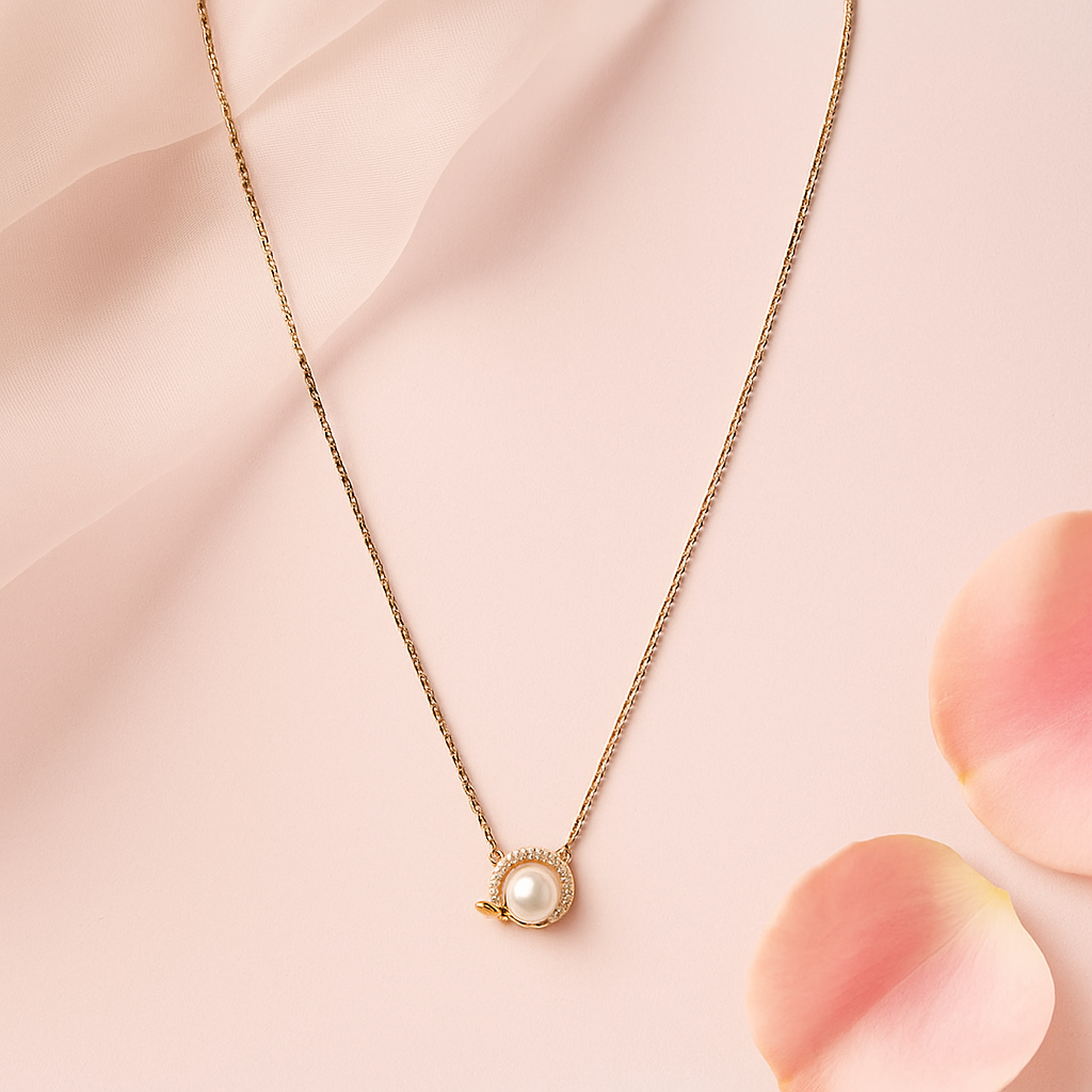 Pearl necklace on a soft pink background