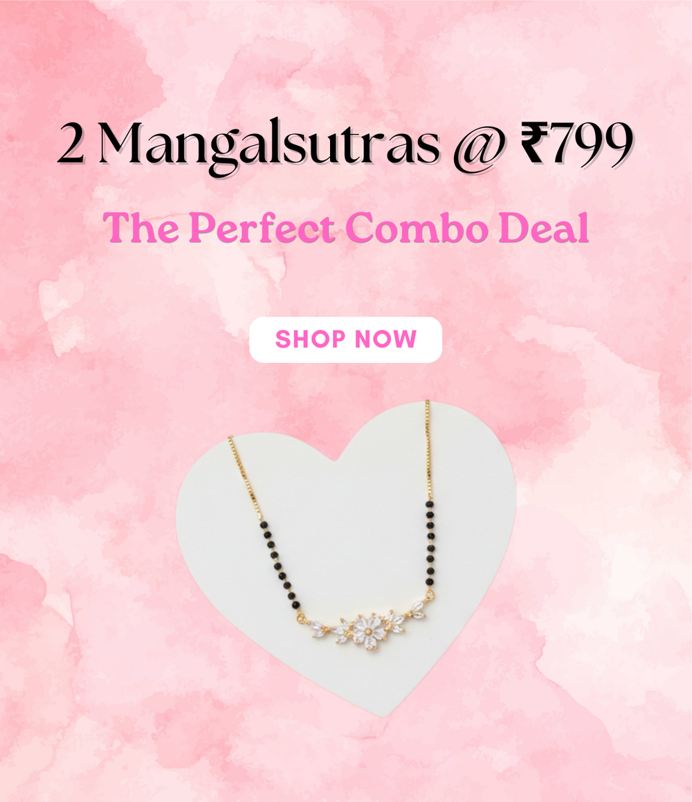 Mangalsutra necklace on a heart-shaped stand with promotional text on a pink watercolor background