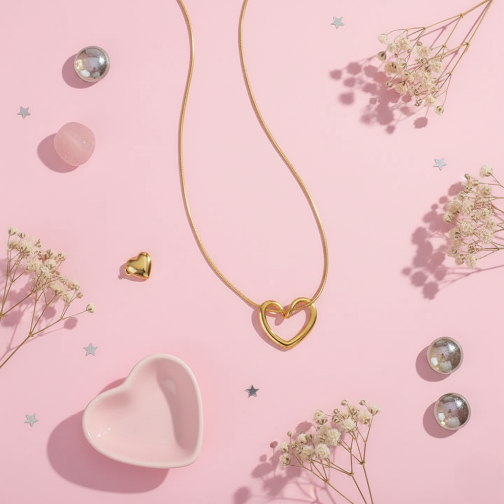Gold heart-shaped necklace on a pink background with flowers and decorative elements.