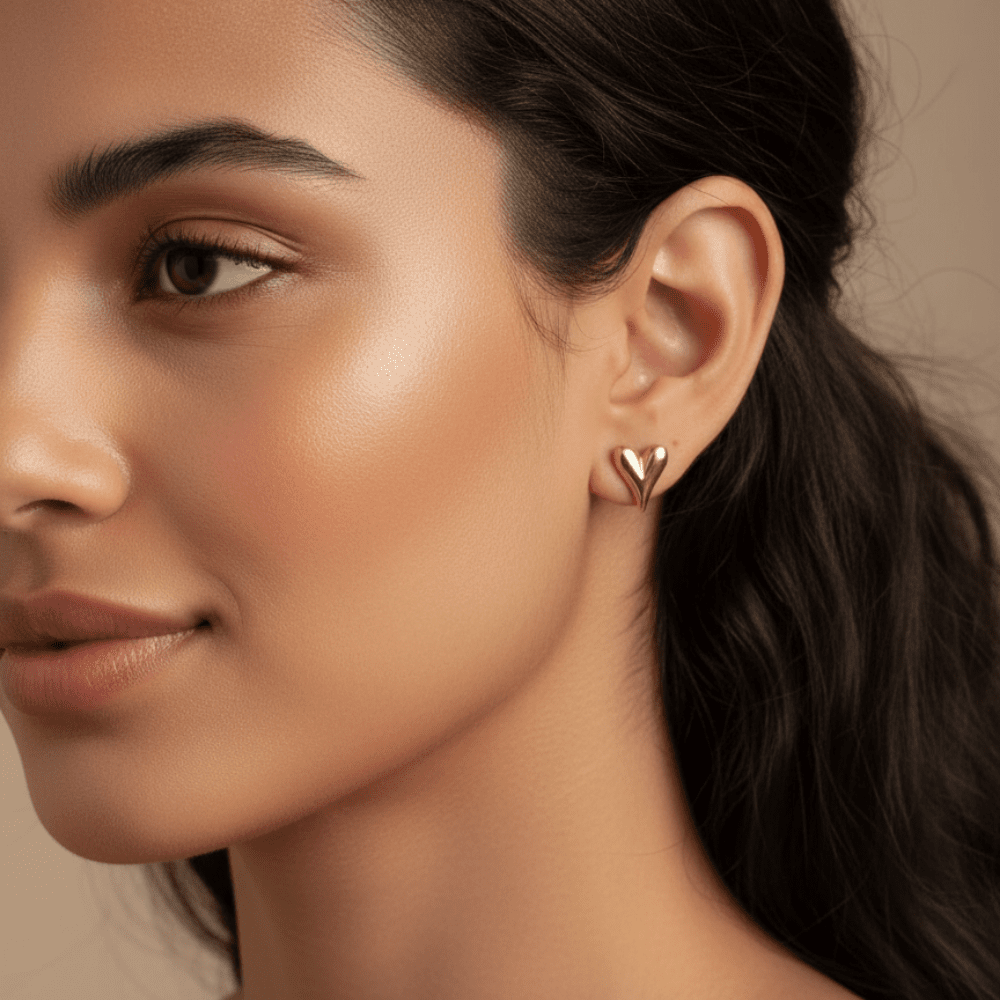 Minimal Slim Heart Studs Anti Tarnish Jewellery Close Up